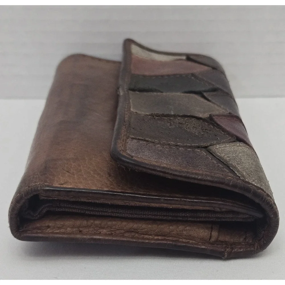 Vintage Fossil Leather Patchwork Trifold Wallet Emory Clutch Boho Y2K 1954